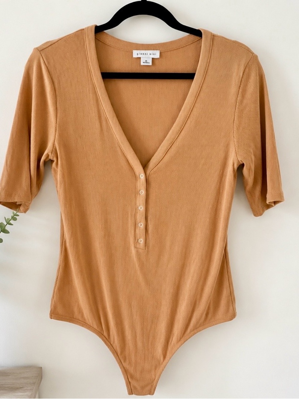 Gianni Bini Ribbed Henley Bodysuit Camel Tan Modal Blend Medium